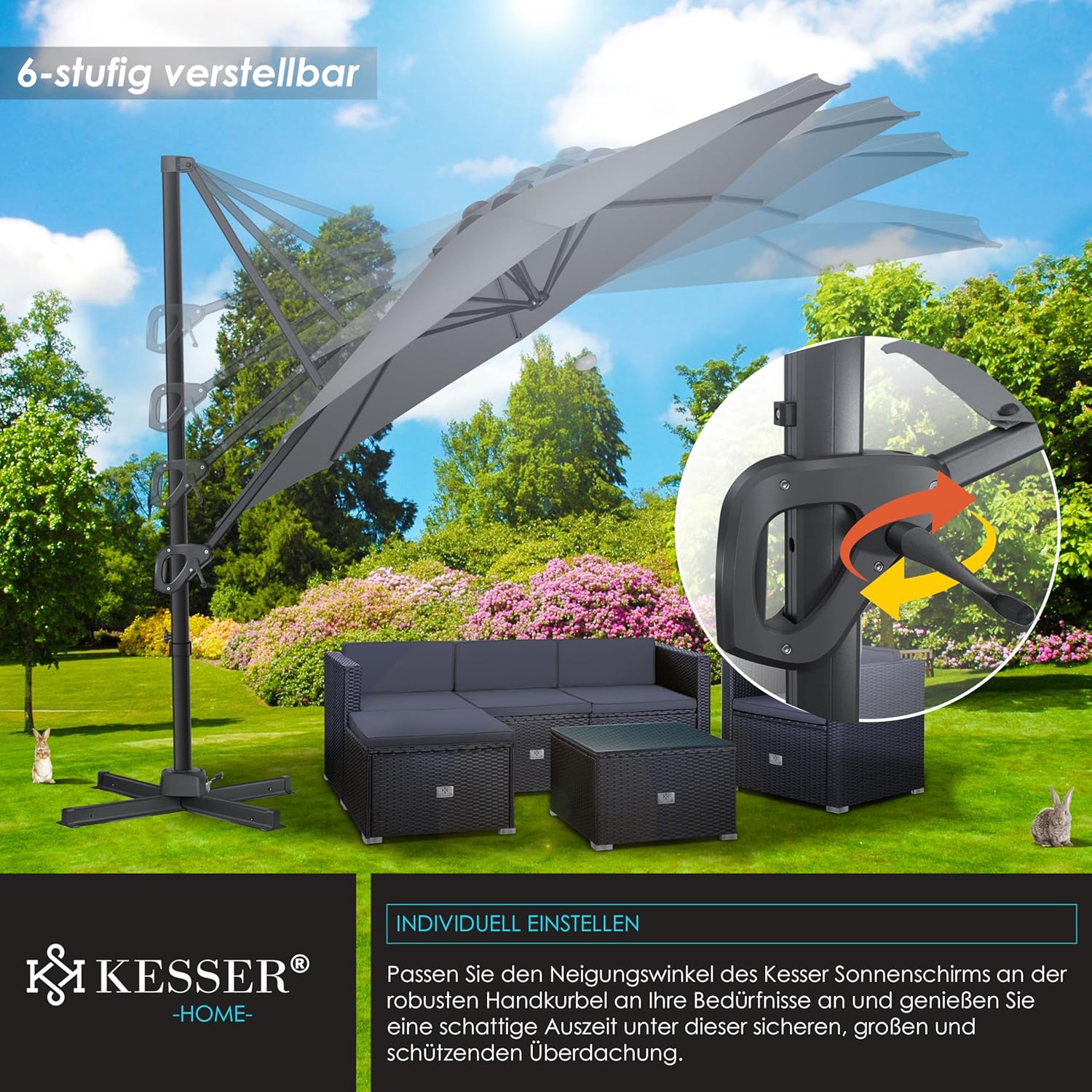 KESSER® Sun Parasol Round XL Diameter 330 cm Includes Cover + Wind Protection 7-Way Adjustable Tilting Large 360° Rotatable Garden Umbrella with Crank Sun Protection UV50+ Anthracite