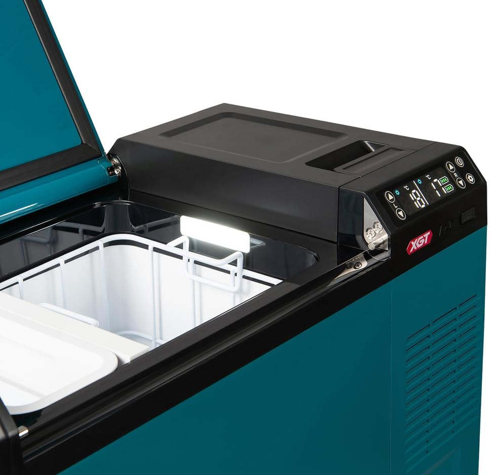 Makita 40V Battery Cooling and Heat Box, 29L Portable Refrigerator, Turquoise, IPX4 Water Resistant, Compressor Cooling System, Bottle Opener, Deep Discharge Protection