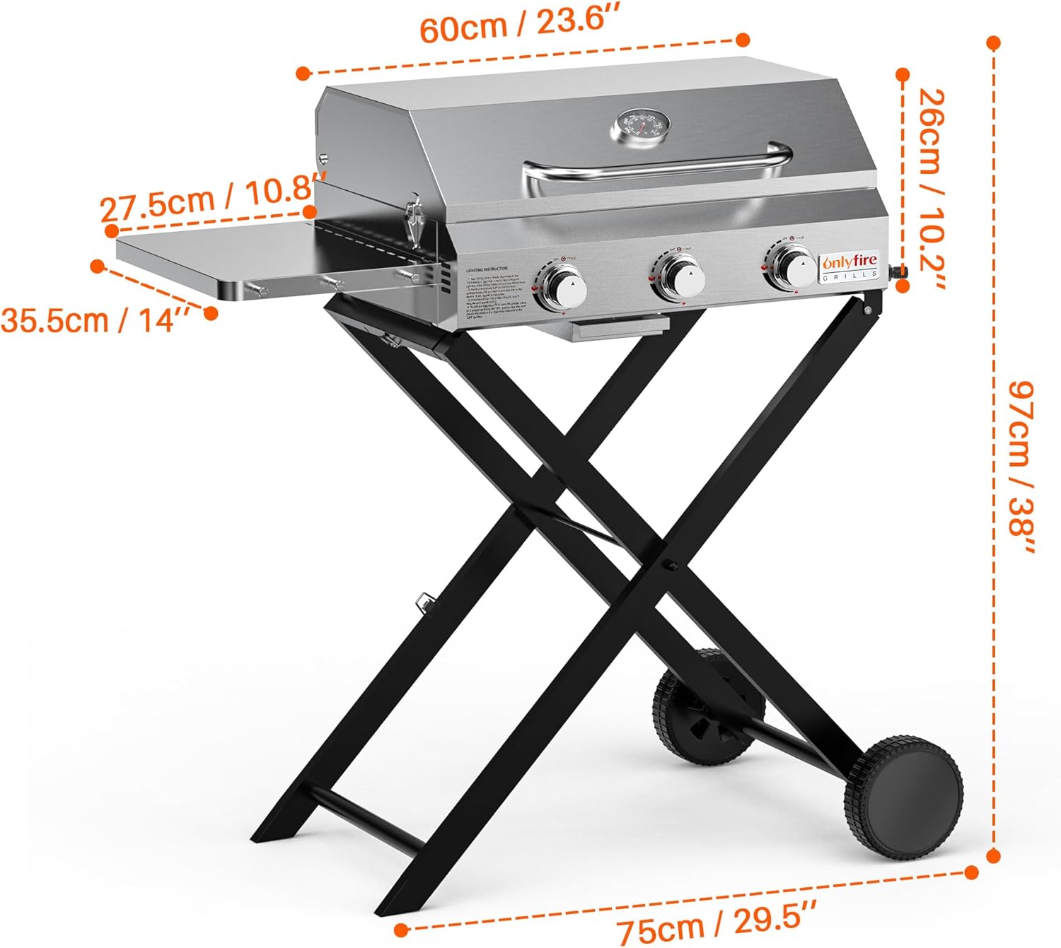 Onlyfire 3 Burner Gas Grill Trolley BBQ Gas Grill with Grill Grate 7 kW Grill Surface 56.5 x 34 cm with Side Tables, Foldable Trolley Wheels, Thermometer for Outdoor Camping Balcony Garden