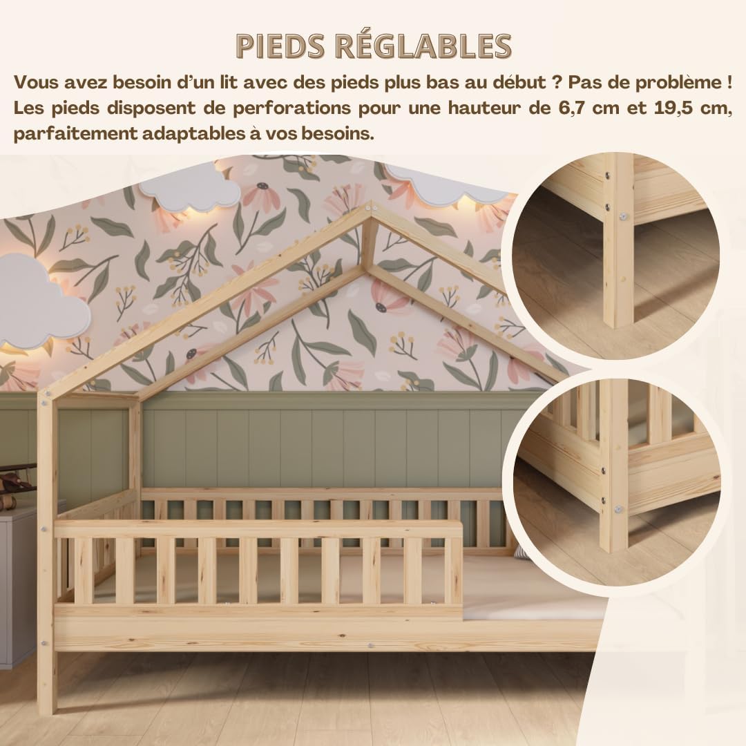 Crazy Pine Cabin Bed 160x80 cm – Natural Wood Children's Bed with Barrier – Montessori Floor Bed with Height-Adjustable Legs and Removable Barrier - Crazy House