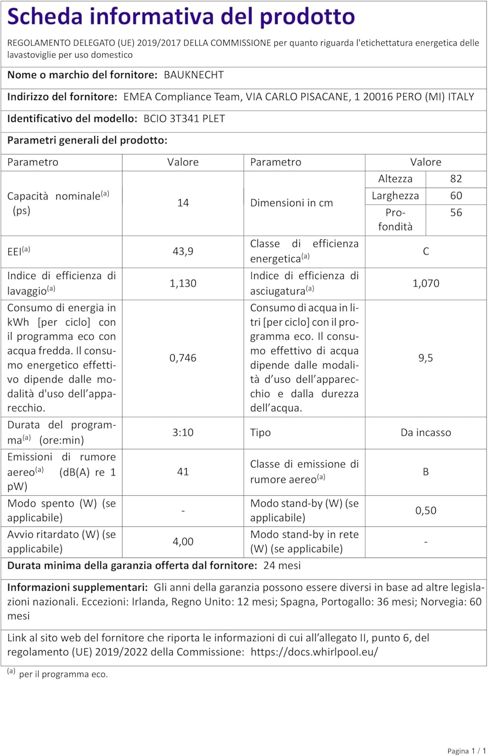 Bauknecht BCIO 3T341 PLET Vollintegrierbarer Geschirrspüler 60 cm /Edelstahl/14 Maßgedecke/10 Standardprogramme und 1 Sensorprogramm/PowerClean/ActiveDry/Besteckschublade/Vollwasserschutz