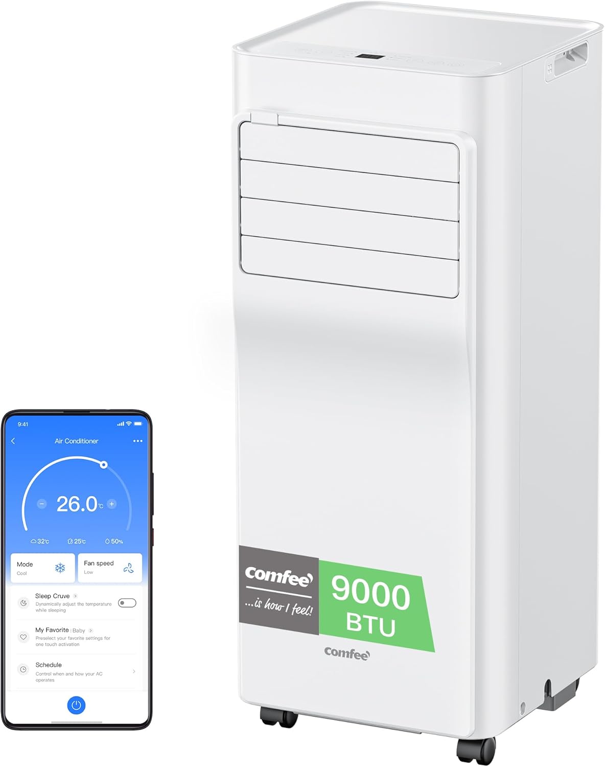 COMFEE' Climatiseur Mobile 9000 BTU/h 2,6kW, Contrôle APP, 3 Modes, 3 Vitesses de ventilation, Dimensions compactes, Pour pièces de 33㎡, Breezy Cool 2.6, Fonctionne avec Alexa [Classe énergétique A]