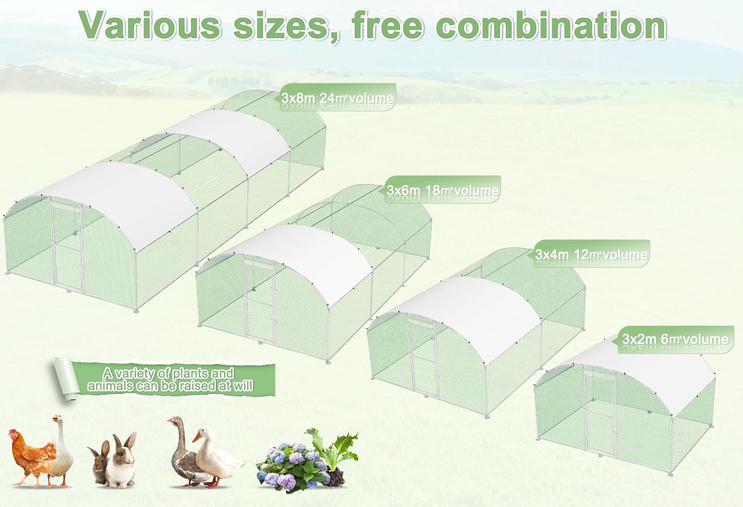 Hühnerstall 3x8m Metall Freilaufgehege Freigehege, Geflügelstall Kleintiere, Verzinkter Stahlrahmen mit PE Dach, Bogenaufsatz