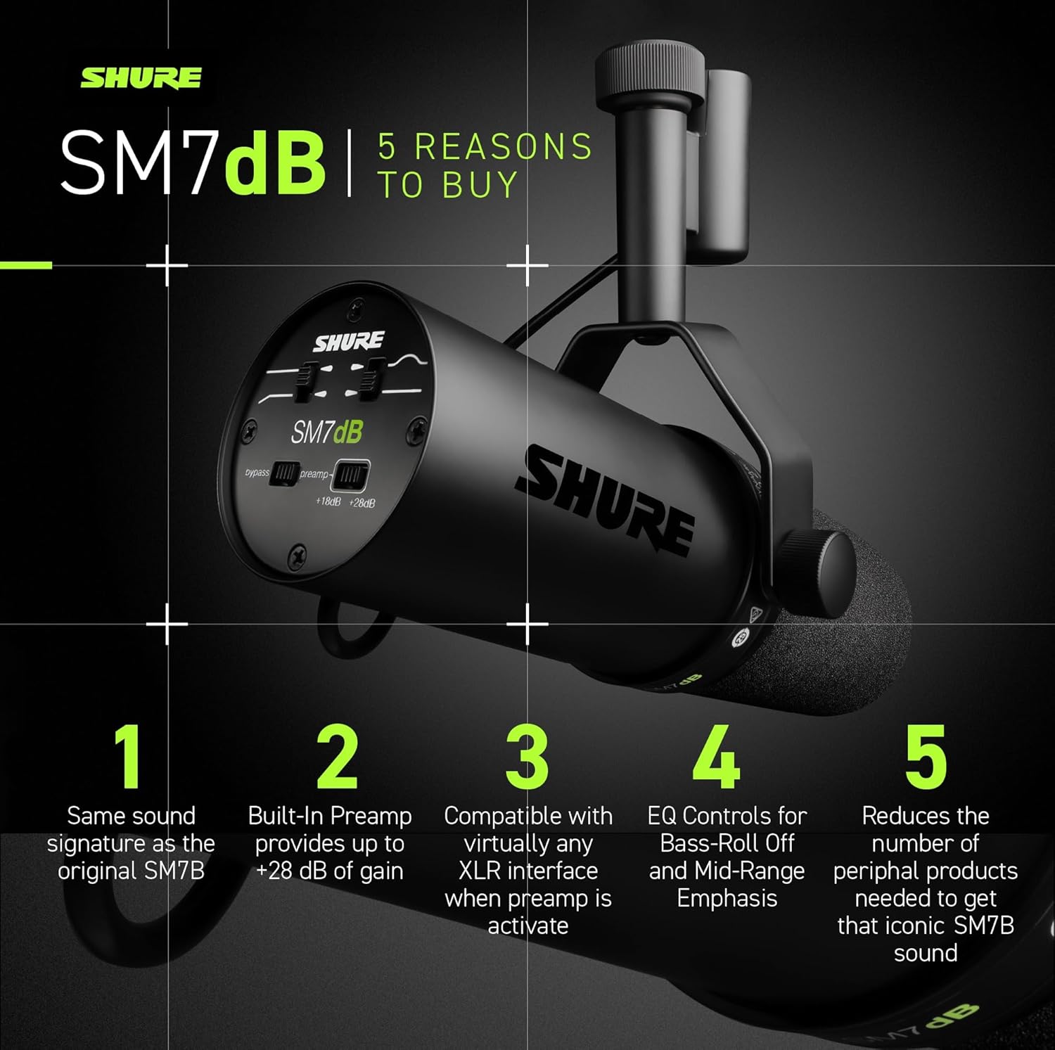 Shure SM7B Microphone Dynamique Cardioïde, Son Doux et Chaleureux pour Le Broadcast, Le Podcast ou L’Enregistrement