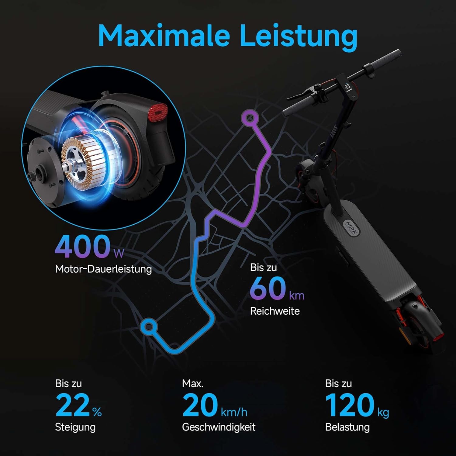 E-Scooter 4 Lite, 4 Pro Plus, 4 Ultra, 5 Elite, 5, 5 Pro, or 5 Max with German road approval (max. 20 km/h, up to 70 km range, 25% gradient, pneumatic tires, dual brakes, display, app)