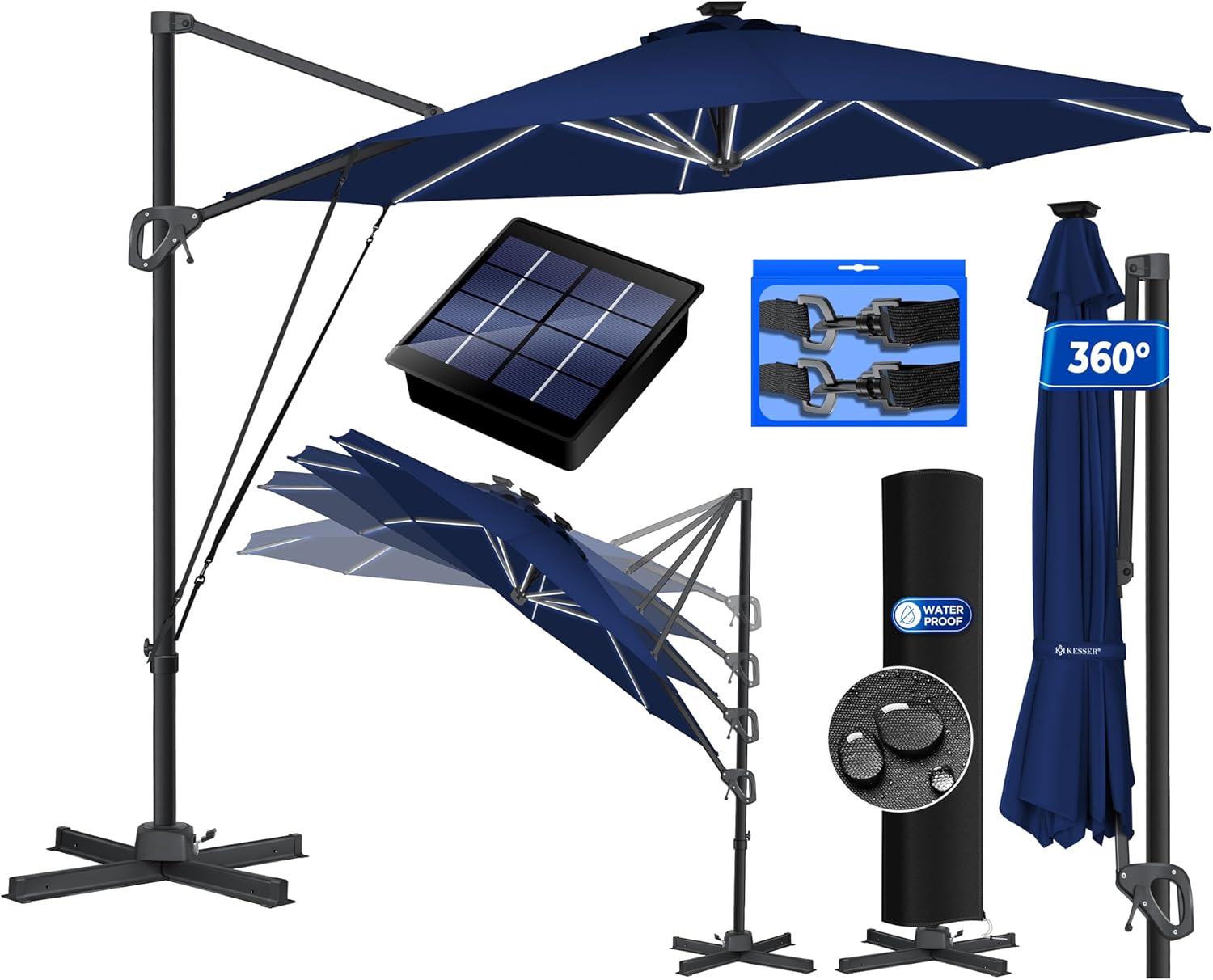 KESSER® Sun Parasol Round XL Diameter 330 cm Includes Cover + Wind Protection 7-Way Adjustable Tilting Large 360° Rotatable Garden Umbrella with Crank Sun Protection UV50+ Anthracite