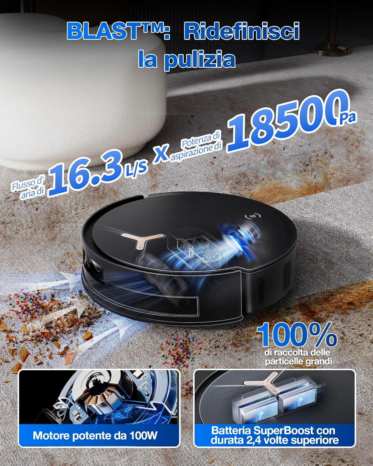 ECOVACS DEEBOT T50 MAX PRO OMNI Robot Aspirapolvere Lavapavimenti, 18.500Pa, ZeroTangle 2.0, Pulizia Profonda Tappeti, Spazzola Laterale Estendibile e Straccio, Lavaggio Automatico Acqua Calda 40-75℃