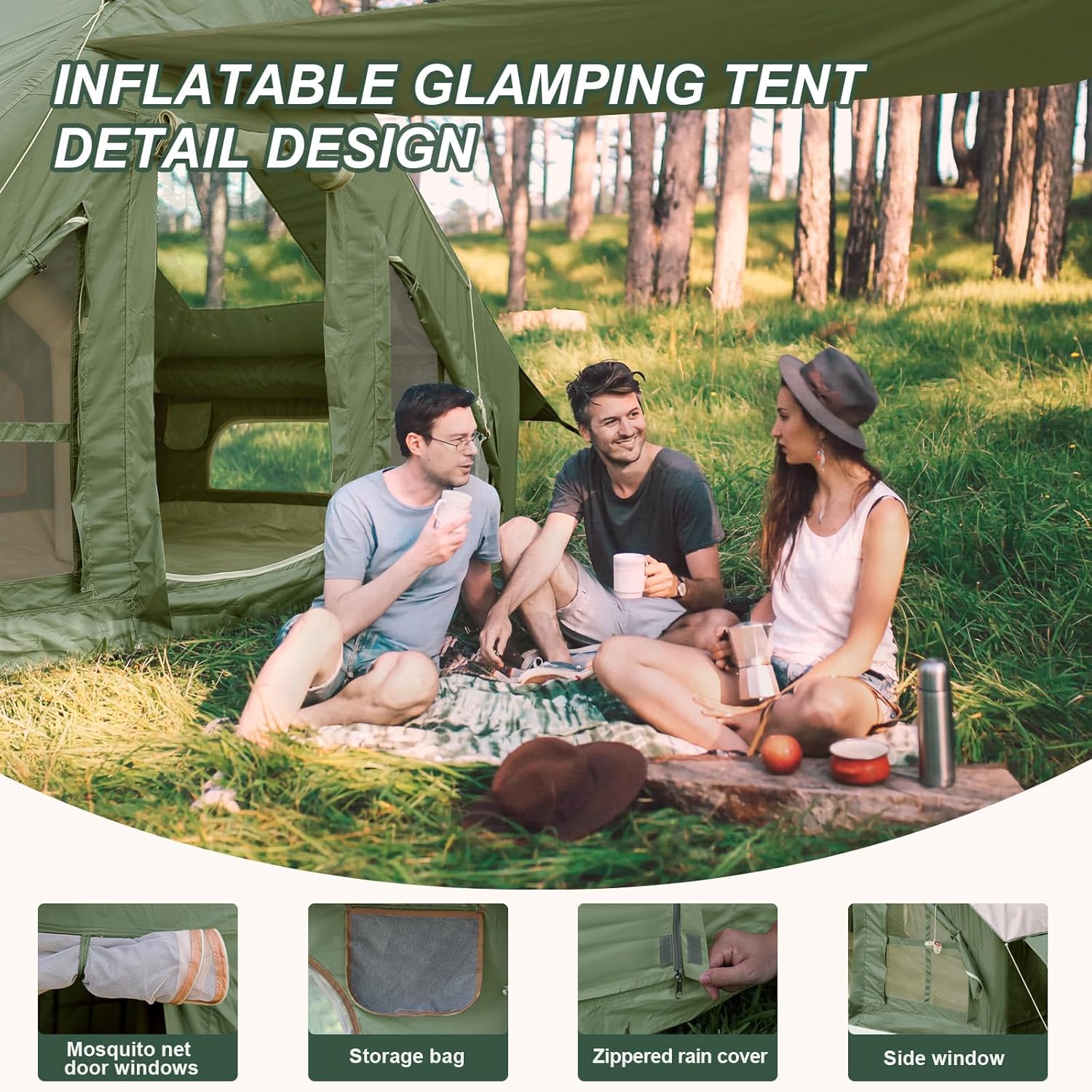 KIKILIVE Inflatable Camping Tent, 4-6 Person Inflatable Tent for Camping, Easy Setup Waterproof Glamping Tent with Pump and Stove Jack, Mosquito Screen