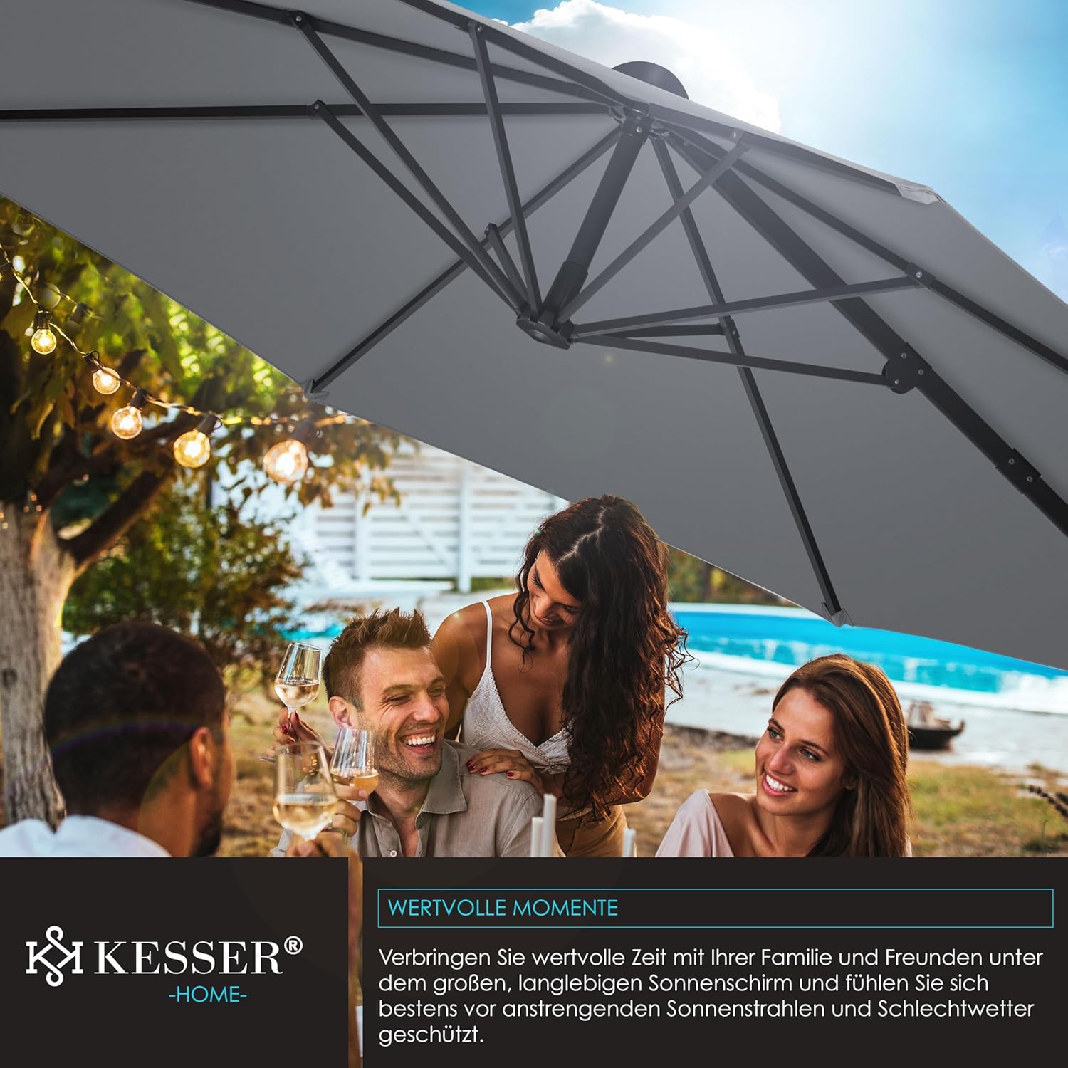 KESSER® Sun Parasol Round XL Diameter 330 cm Includes Cover + Wind Protection 7-Way Adjustable Tilting Large 360° Rotatable Garden Umbrella with Crank Sun Protection UV50+ Anthracite