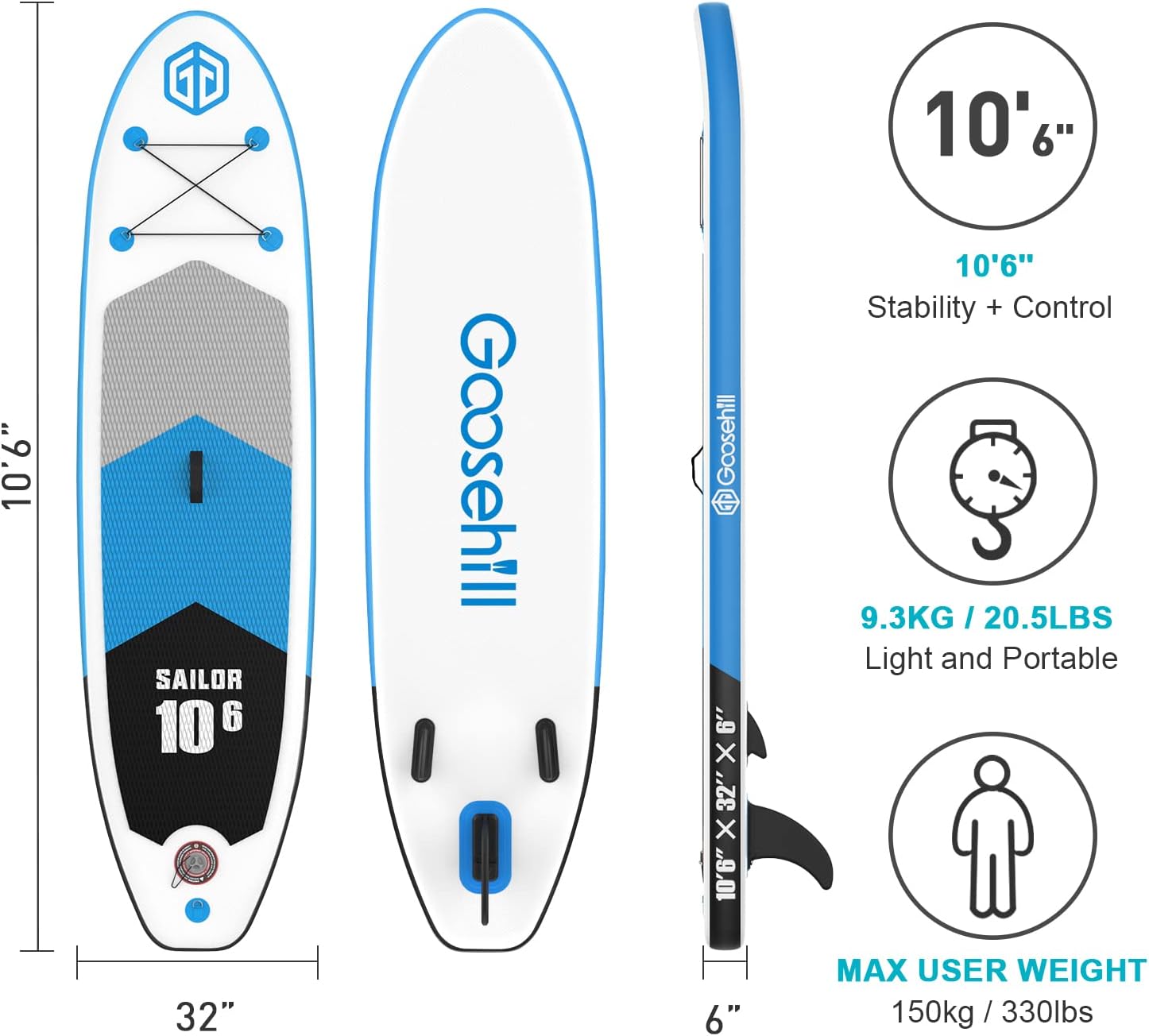 Goosehill Inflatable Stand Up Paddle Board, Premium SUP Package, 10' Long 32 Wide 6 Thick, Patterns Open for Customization