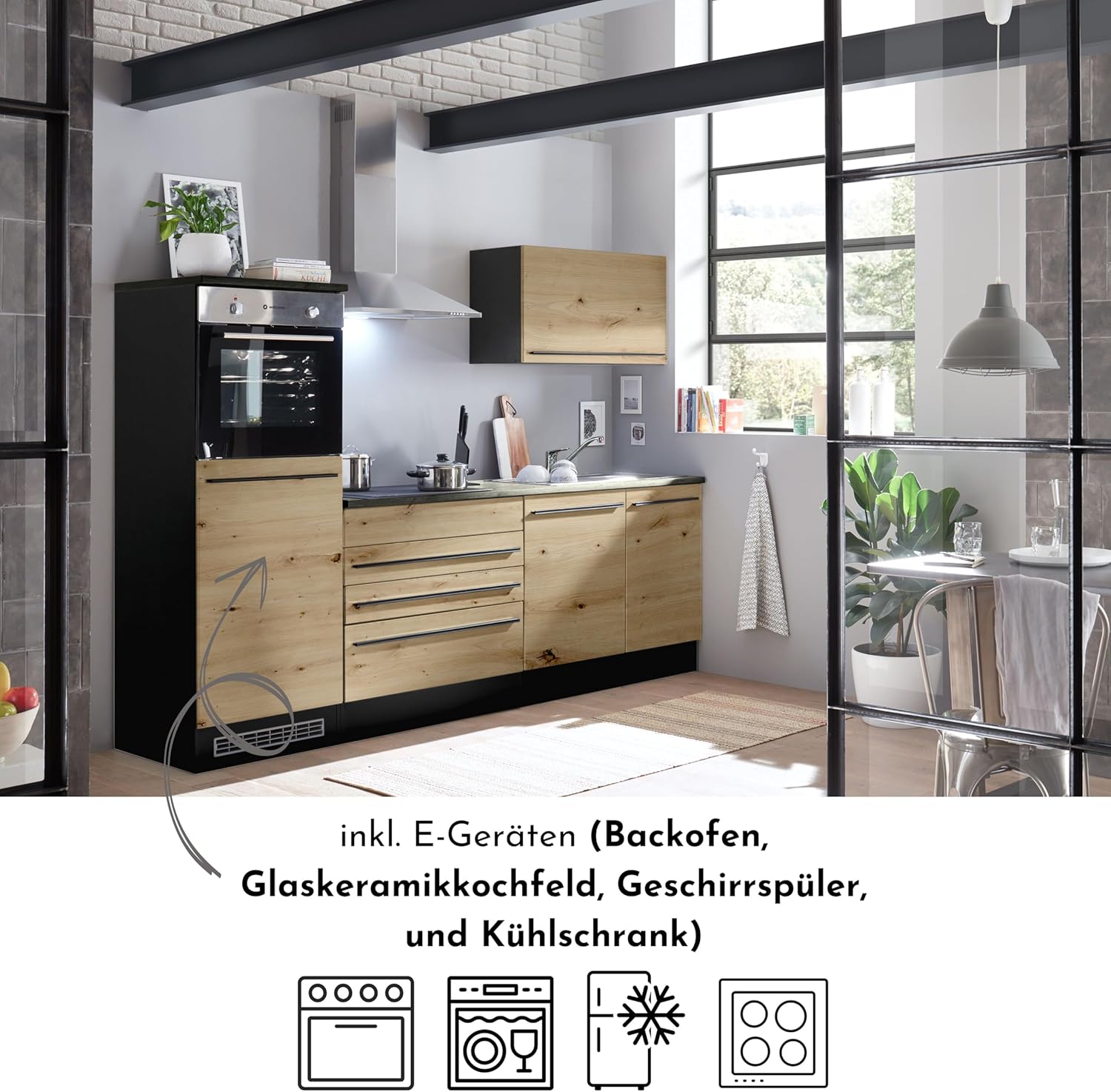 Jazz 6 Modern Kitchen Unit with Electrical Appliances in Anthracite, Artisan Oak Look, Spacious Fitted Kitchen with Lots of Storage Space, 260 x 200 x 60 cm (W x H x D)