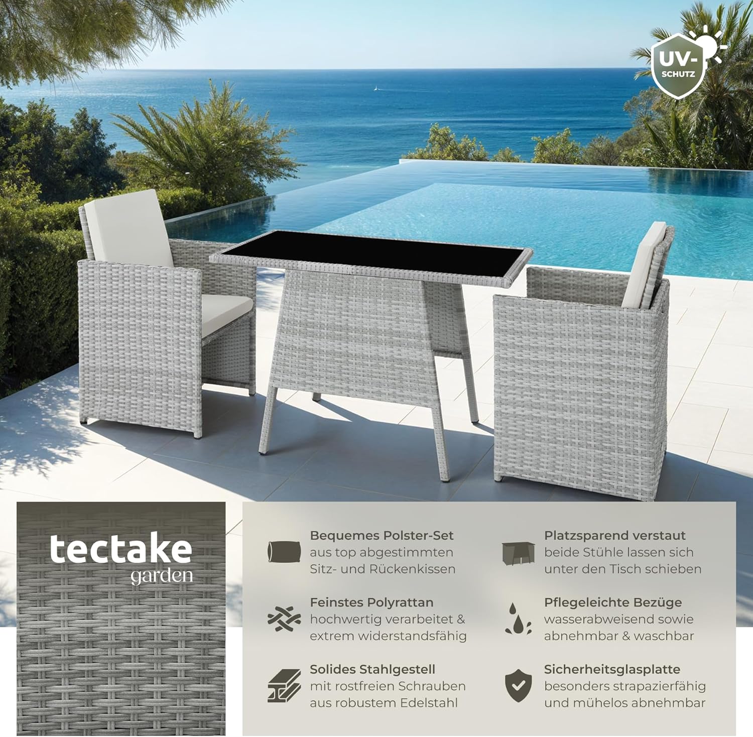 tectake® Polyrattan garden furniture set for 2 people, outdoor furniture, foldable, takes up little space, 2 armchairs and 1 table, ideal lounge set for the balcony, garden furniture, patio furniture,