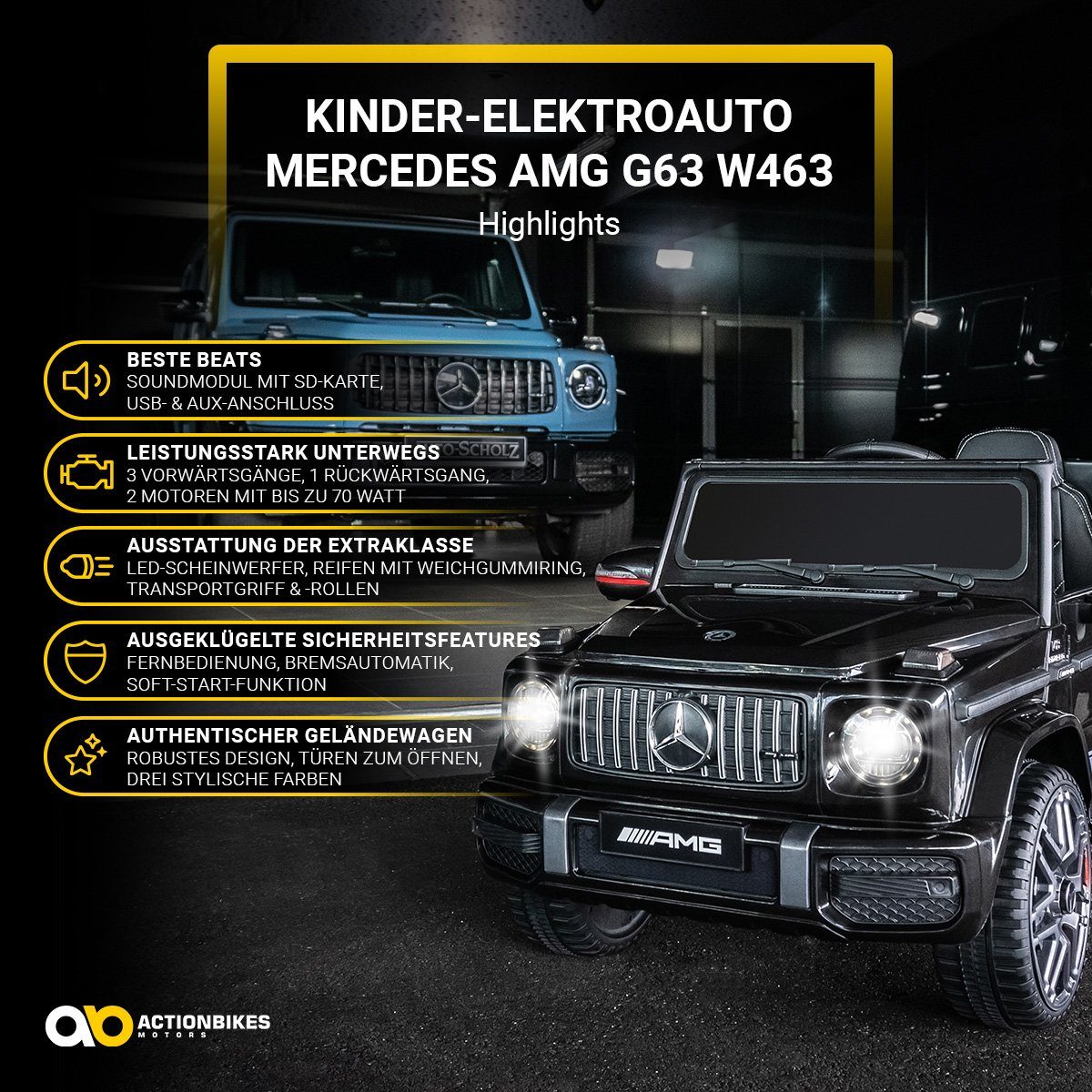 Actionbikes Motors Elektro-Kinderauto Mercedes Benz AMG G63 - Kinder Elektro Auto ab 3 Jahre, Belastbarkeit 35 kg, (2-tlg), Soft-Start - Stodmpfer
