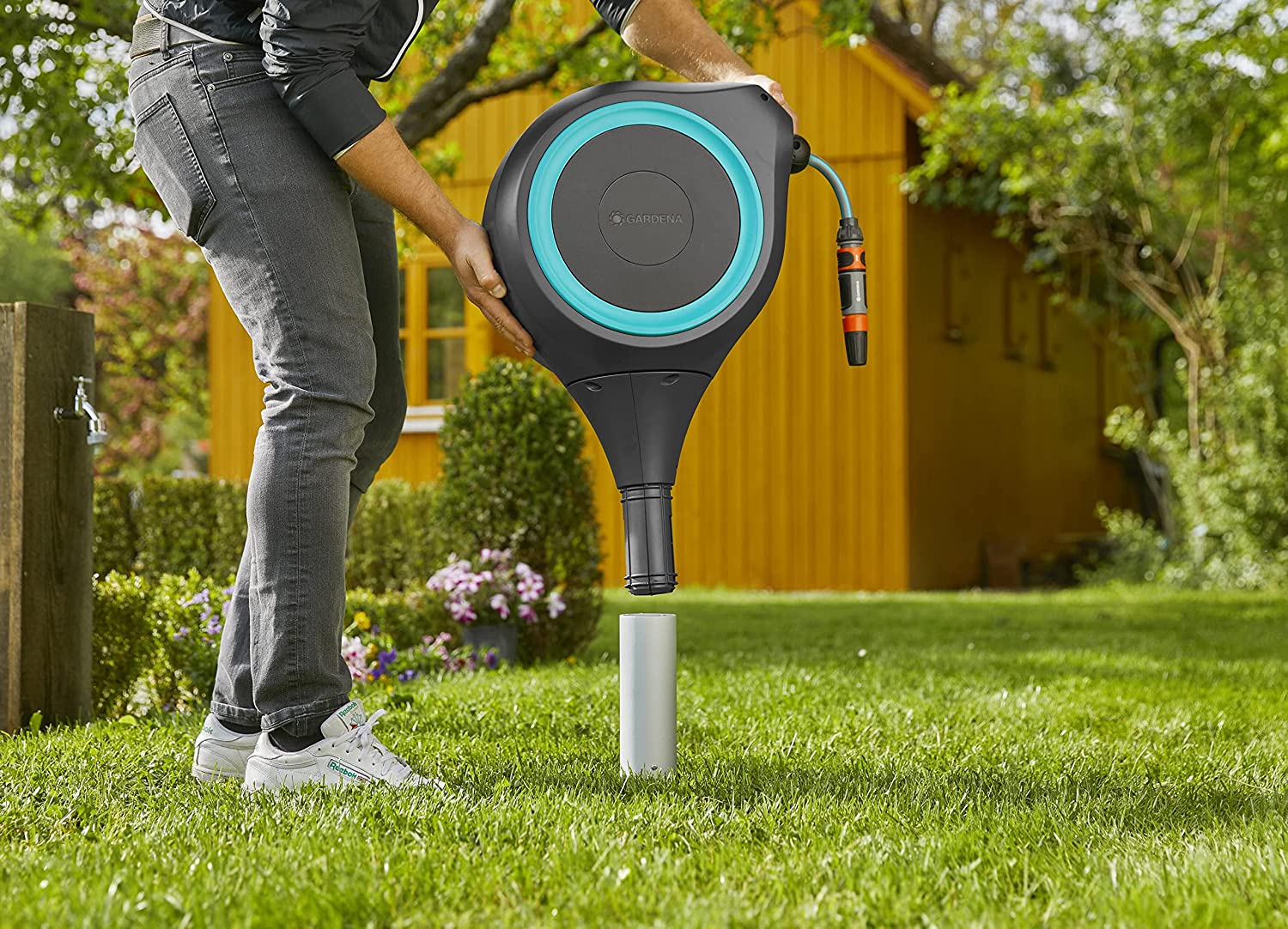 50 Foot Auto Retractable Hose Reel on Metal Spike