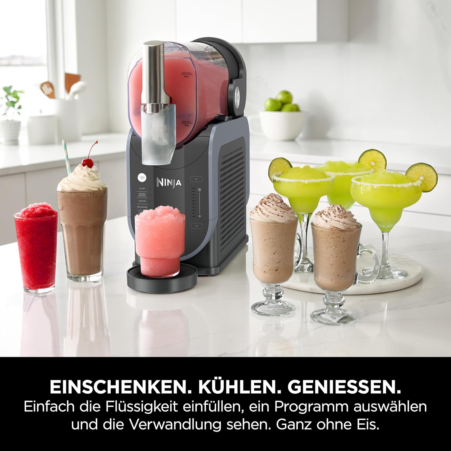 Ninja SLUSHi Maschine für Slush, Eis-Cocktails, Frappé, Milchshakes & gefrorenen Saft, ohne Eis oder Vorbereitungsaufwand, WhisperChill-Technology, fasst 1,9 L, Blau & Grau, FS301EU