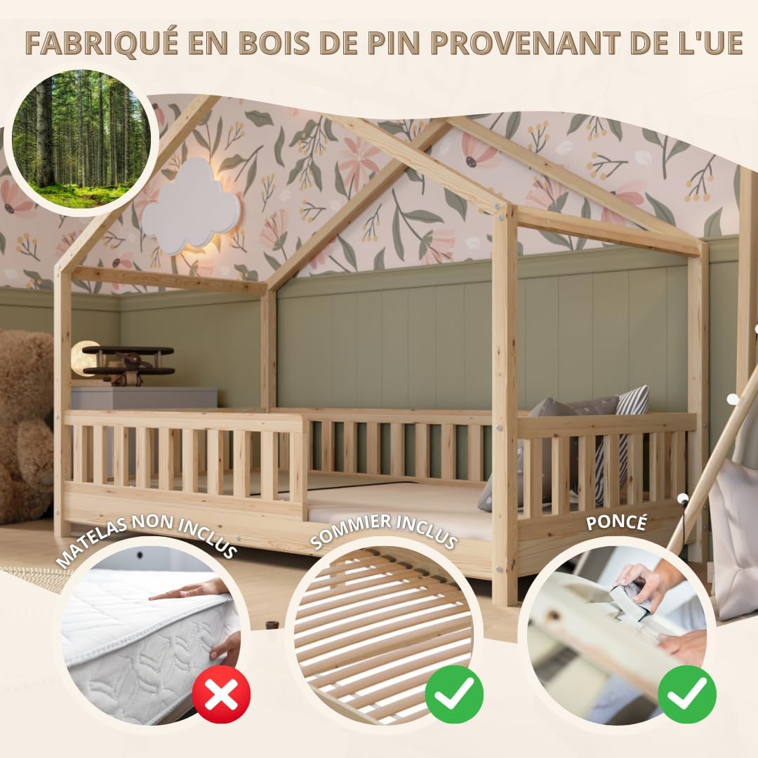 Crazy Pine Cabin Bed 160x80 cm – Natural Wood Children's Bed with Barrier – Montessori Floor Bed with Height-Adjustable Legs and Removable Barrier - Crazy House