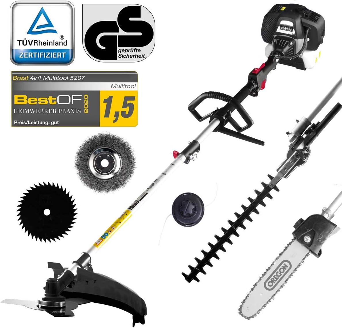 BRAST Petrol Multitool 3.0 HP 6-in-1 Brush Cutter, Hedge Trimmer, Pole Pruner, Weed Remover, Lawn Trimmer, Pruning Saw, Brush Cutter, 52 cm³, TÜV Tested
