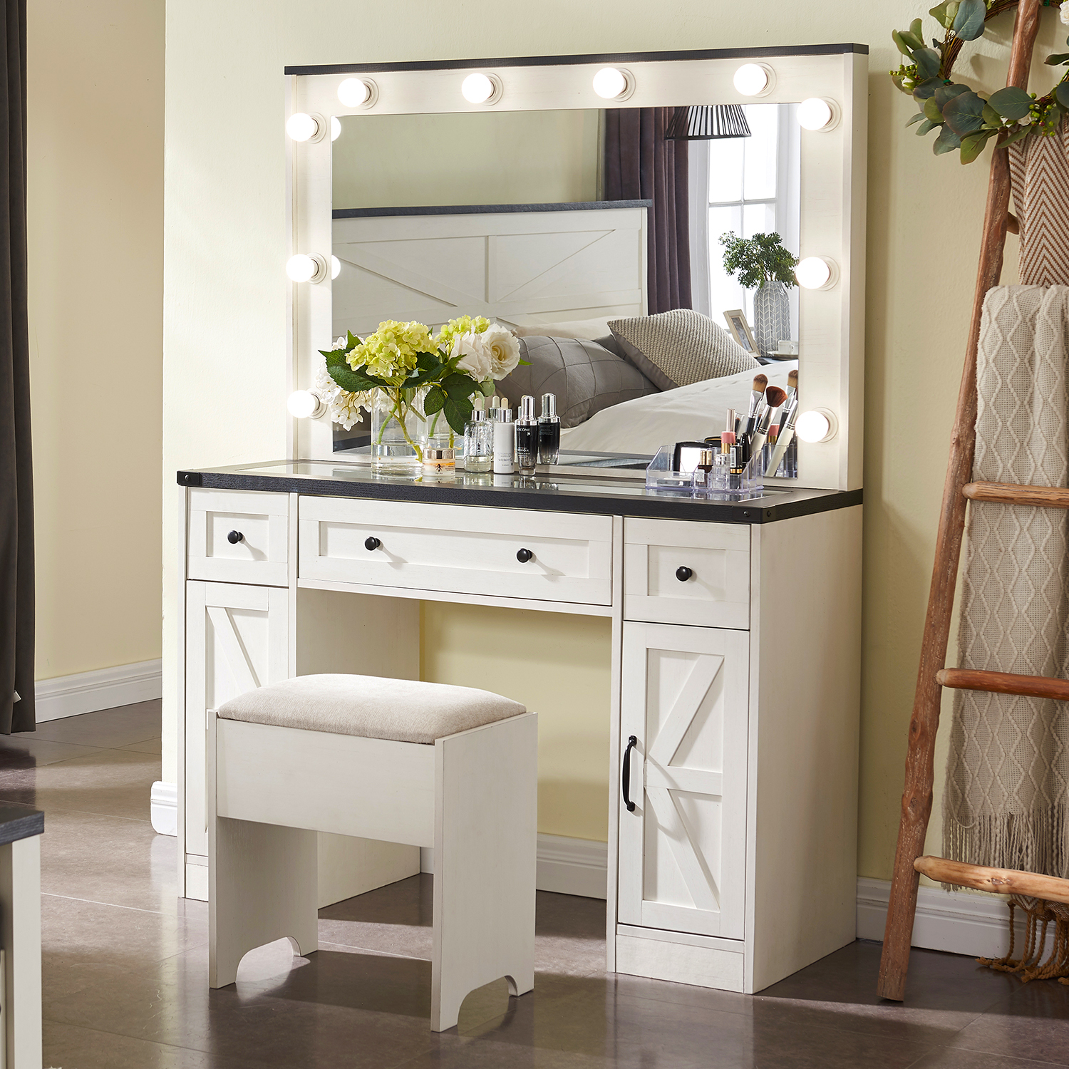 T4TREAM Farmhouse Makeup Vanity Table Set with Light Mirror, 3 Drawers Makeup Vanity with Storage and Adjustable Lighting Colors for Bedroom，White