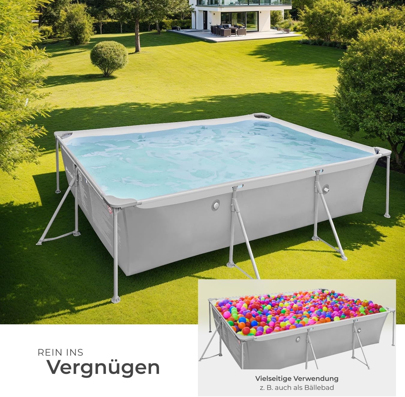 tectake® Swimming Pool, Large Swimming Pool, Rectangular, Frame Pool, Pool for Garden, Steel Frame Pool, Complete Set, Outdoor Garden Pool, Above Ground Pool, 300 x 207 x 70 cm, Grey