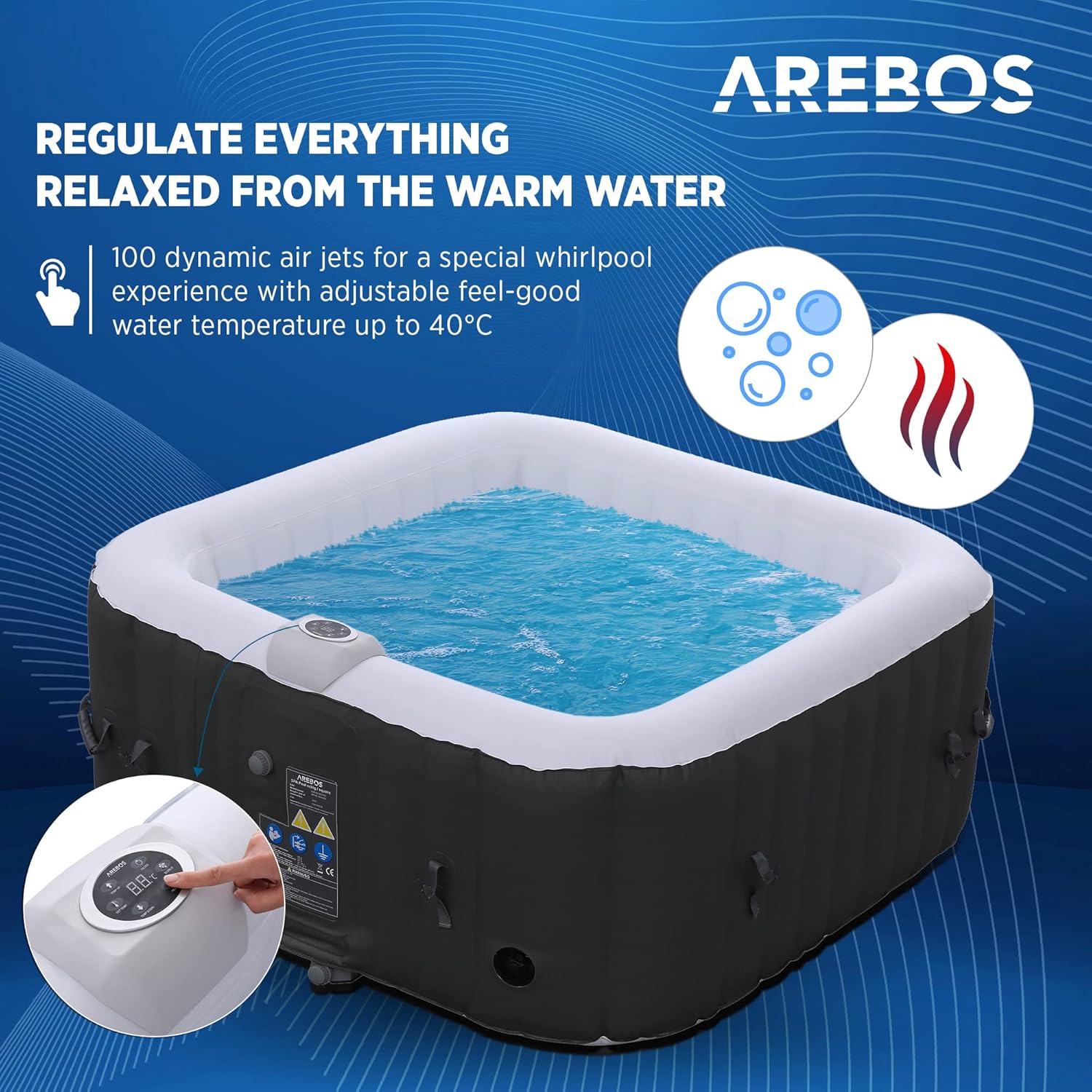 Arebos SPA Inflatable Whirlpool | Inflatable | Square | Indoor and Outdoor | 154 x 154 cm | 4 People | 130 Massage Jets | 600 L