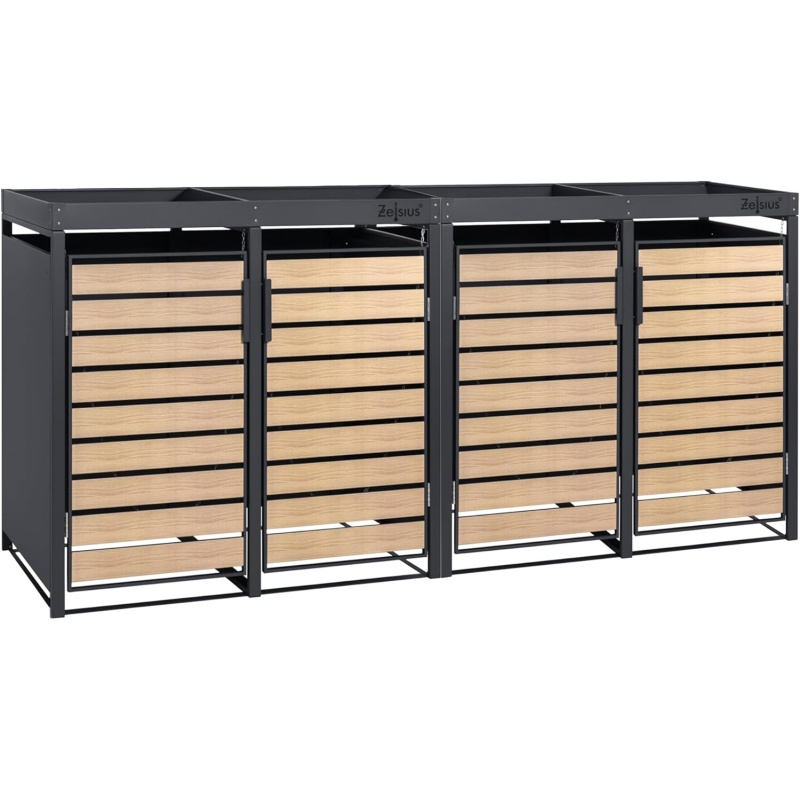 Zelsius Wheelie Bin Box with Plant Roof for 4 Bins, 120-240 Litres, Anthracite RAL 7016, Door in Wood Look Including Extension Option, Bin Box, Storage Box for Wheelie Bins