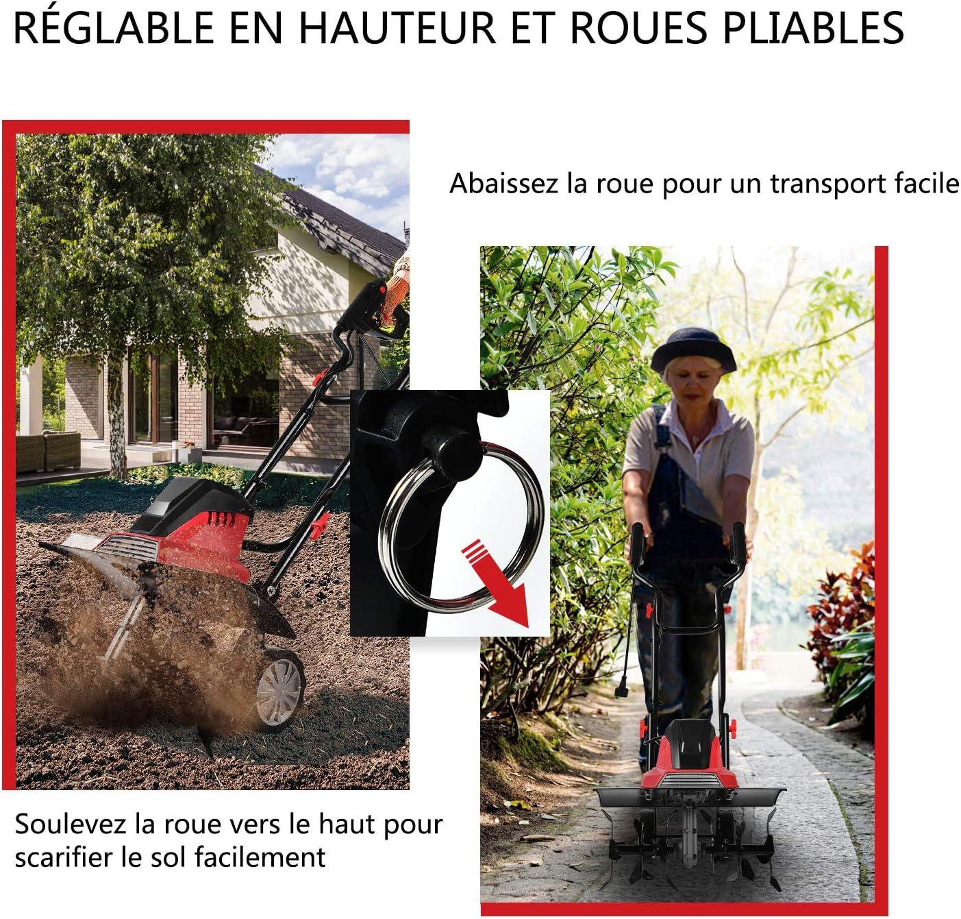 COSTWAY Electric Tiller 1500W Working Depth 22CM Width 43CM with Foldable Handle and Adjustable Wheels 6 Blades for Gardening and Weeding