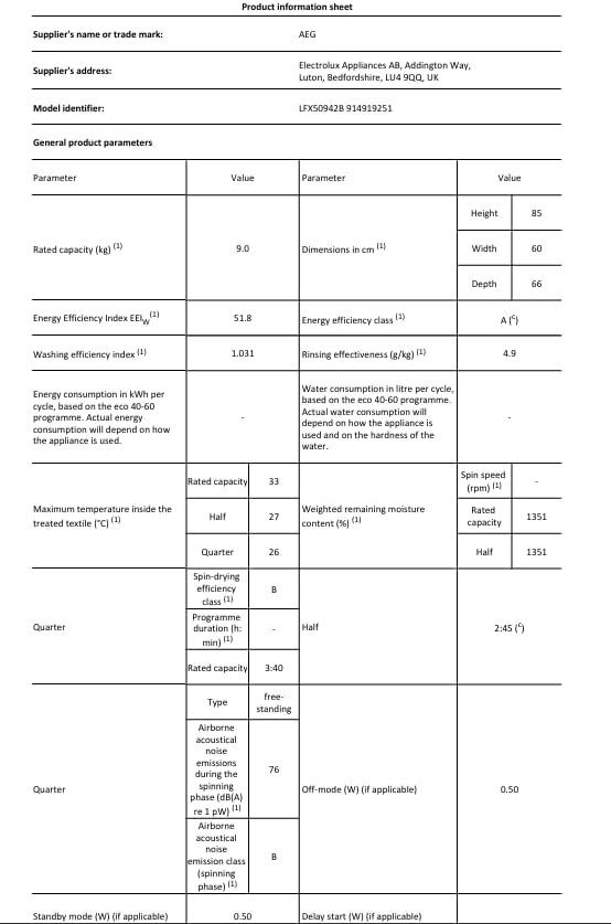 AEG 5000 Series Freestanding Washing Machine LFX50942B