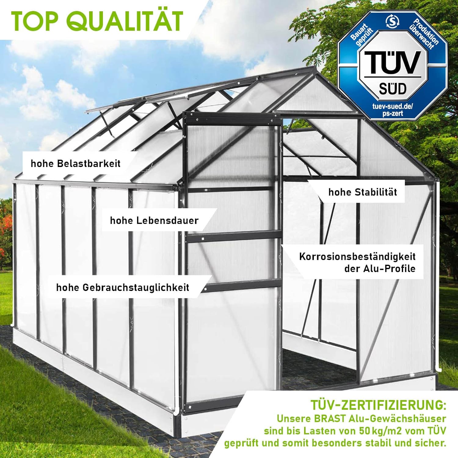 BRAST Greenhouse Aluminium with Base 310 x 190 x 195 cm TÜV Tested, 6 mm Hollow Chamber Panels, Rustproof, Weatherproof, Temperature-Resistant