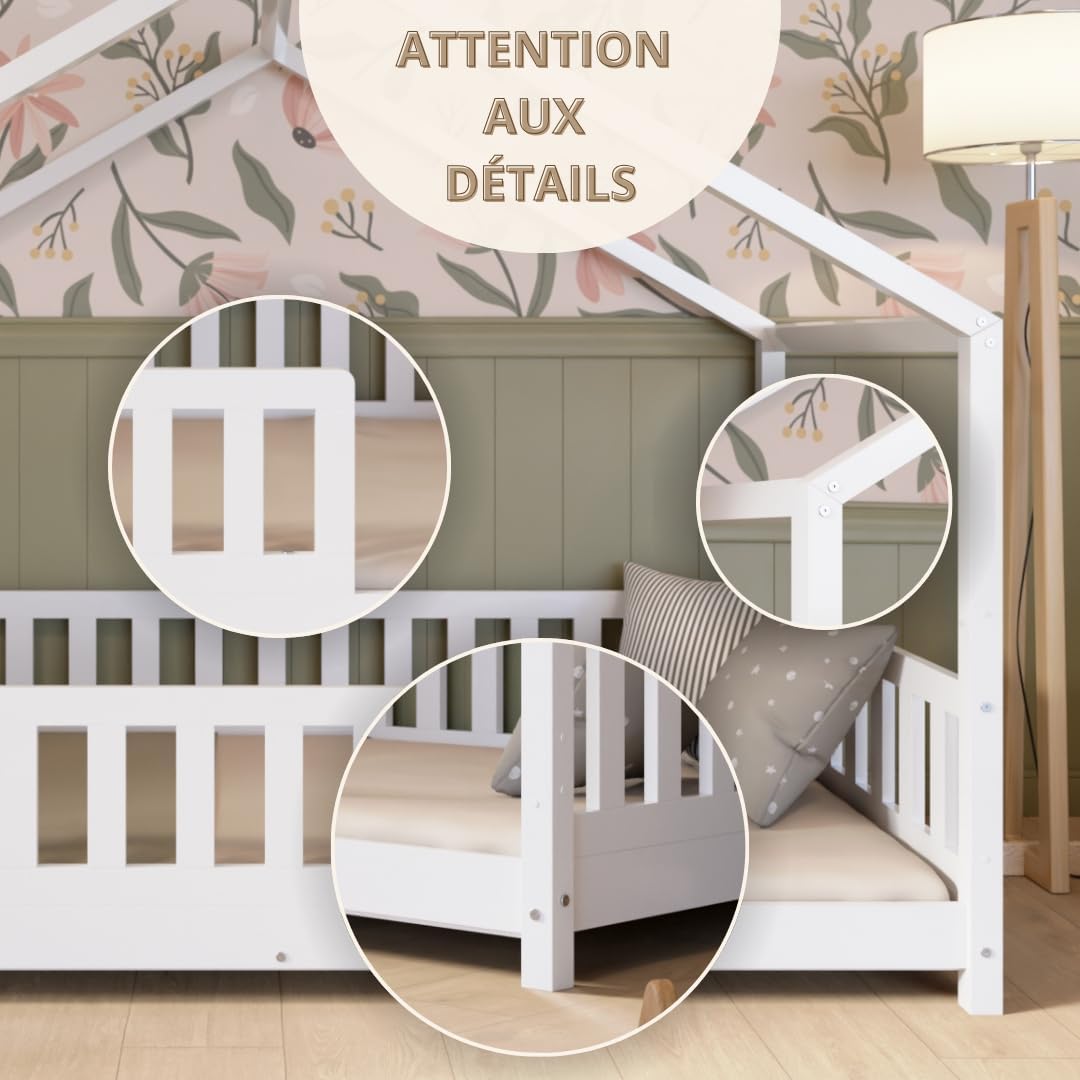 Crazy Pine Cabin Bed 160x80 cm – Natural Wood Children's Bed with Barrier – Montessori Floor Bed with Height-Adjustable Legs and Removable Barrier - Crazy House