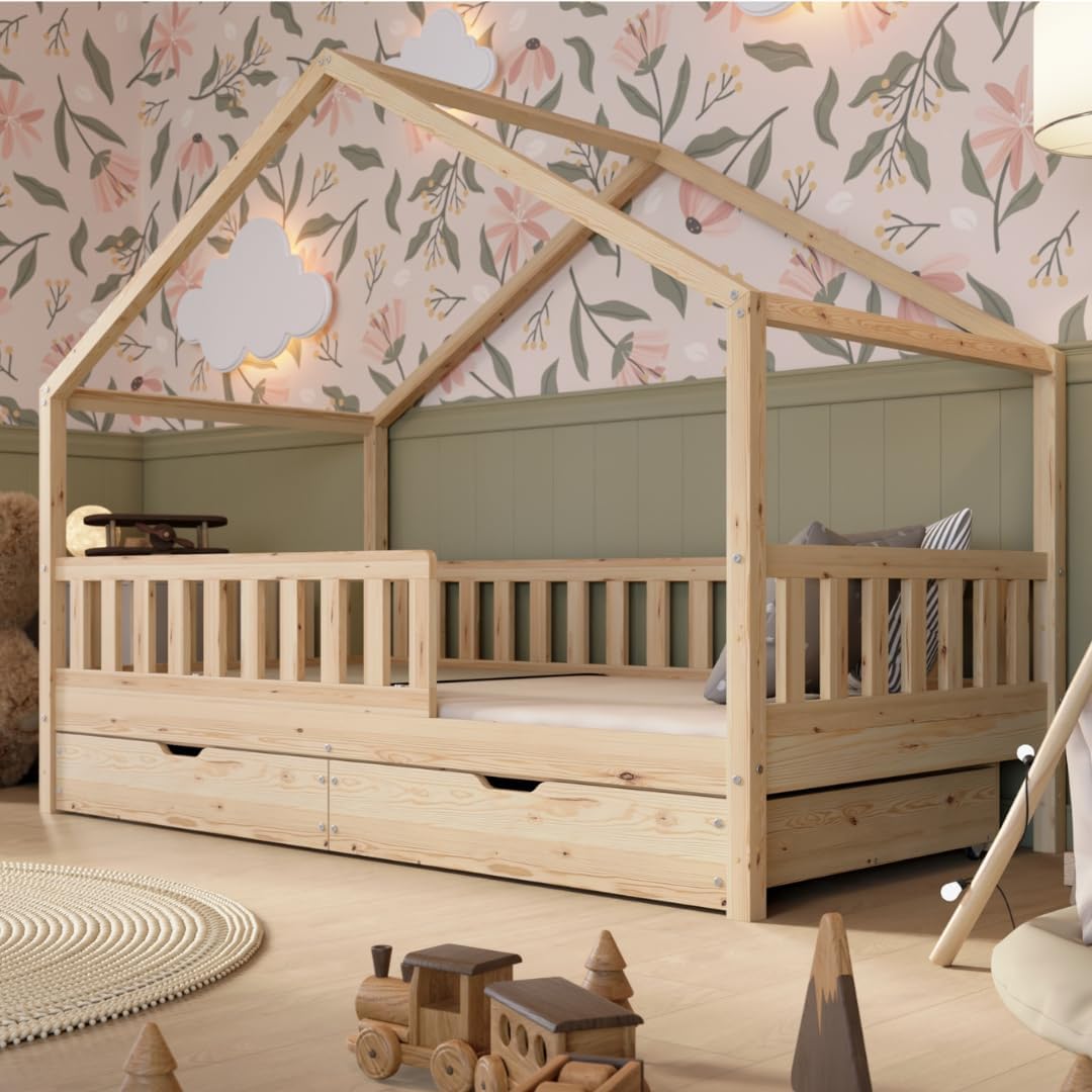 Crazy Pine Cabin Bed 160x80 cm – Natural Wood Children's Bed with Barrier – Montessori Floor Bed with Height-Adjustable Legs and Removable Barrier - Crazy House