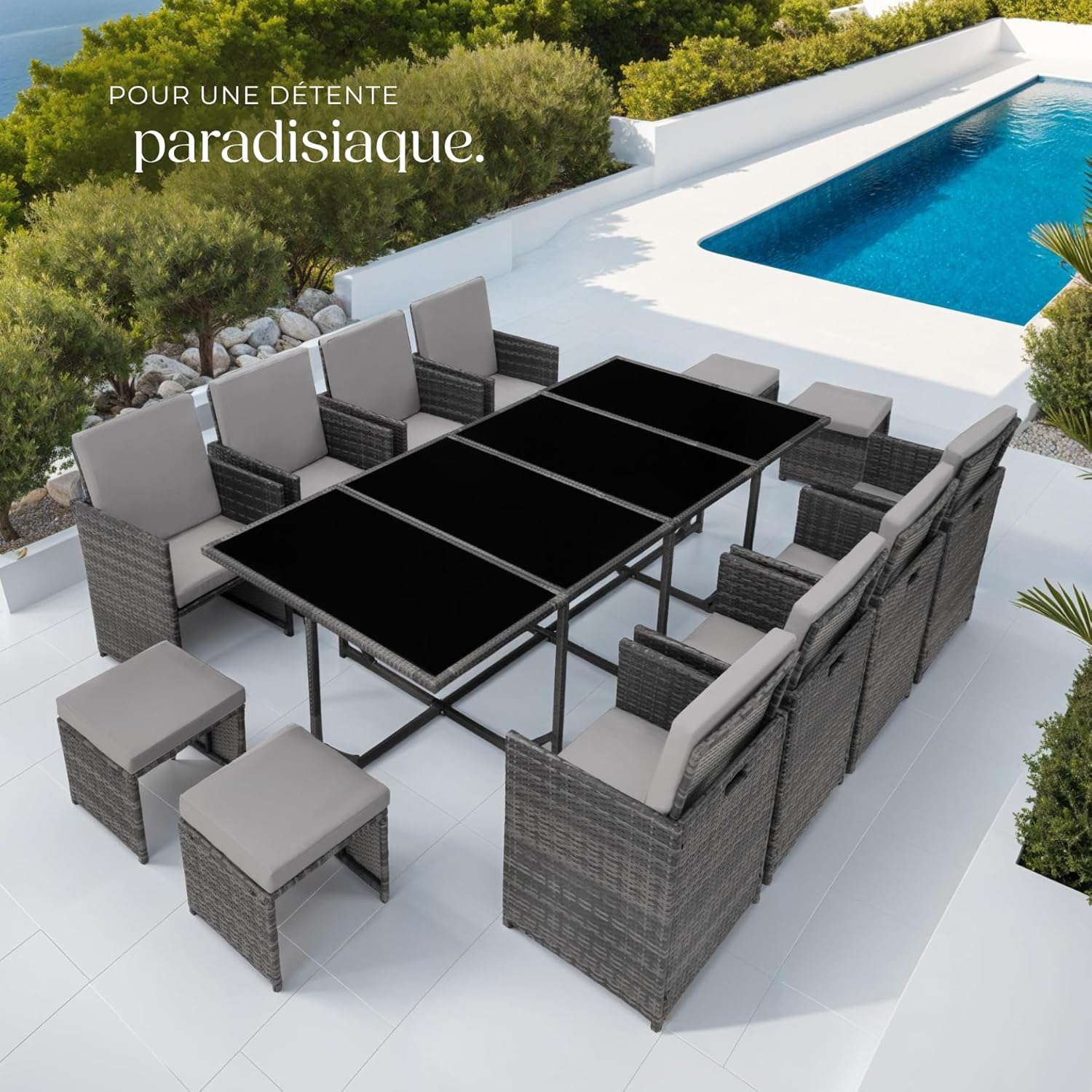 TecTake Rattan Garden Furniture Set - Outdoor Dining Set with 8 Comfortable Chairs, 4 Stools, and 1 Table - Balcony and Patio Furniture - Black/Grey