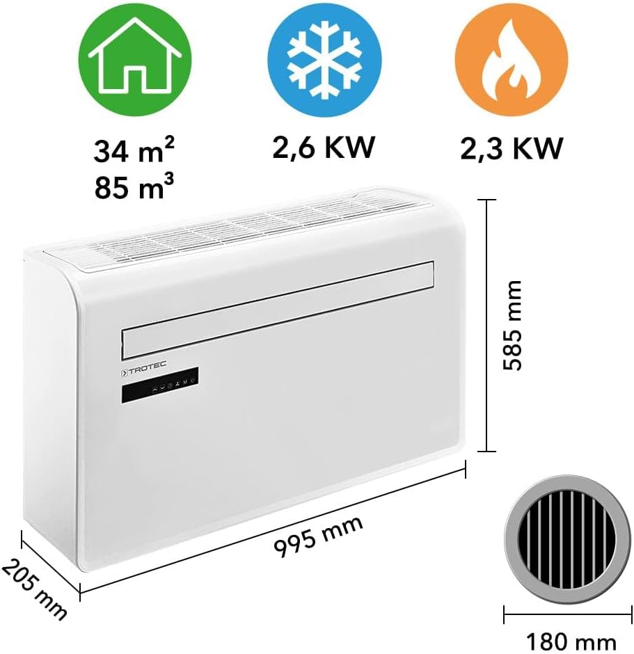 TROTEC Local Wall Air Conditioner PAC-W 2200 S Mobile Air Conditioner 4-in-1 Cooling, Heating, Ventilation, Dehumidification Air Conditioner 2.2 kW 8,000 BTU/h for Room Size up to 30 m² and 75 m³ [Energy Class A]