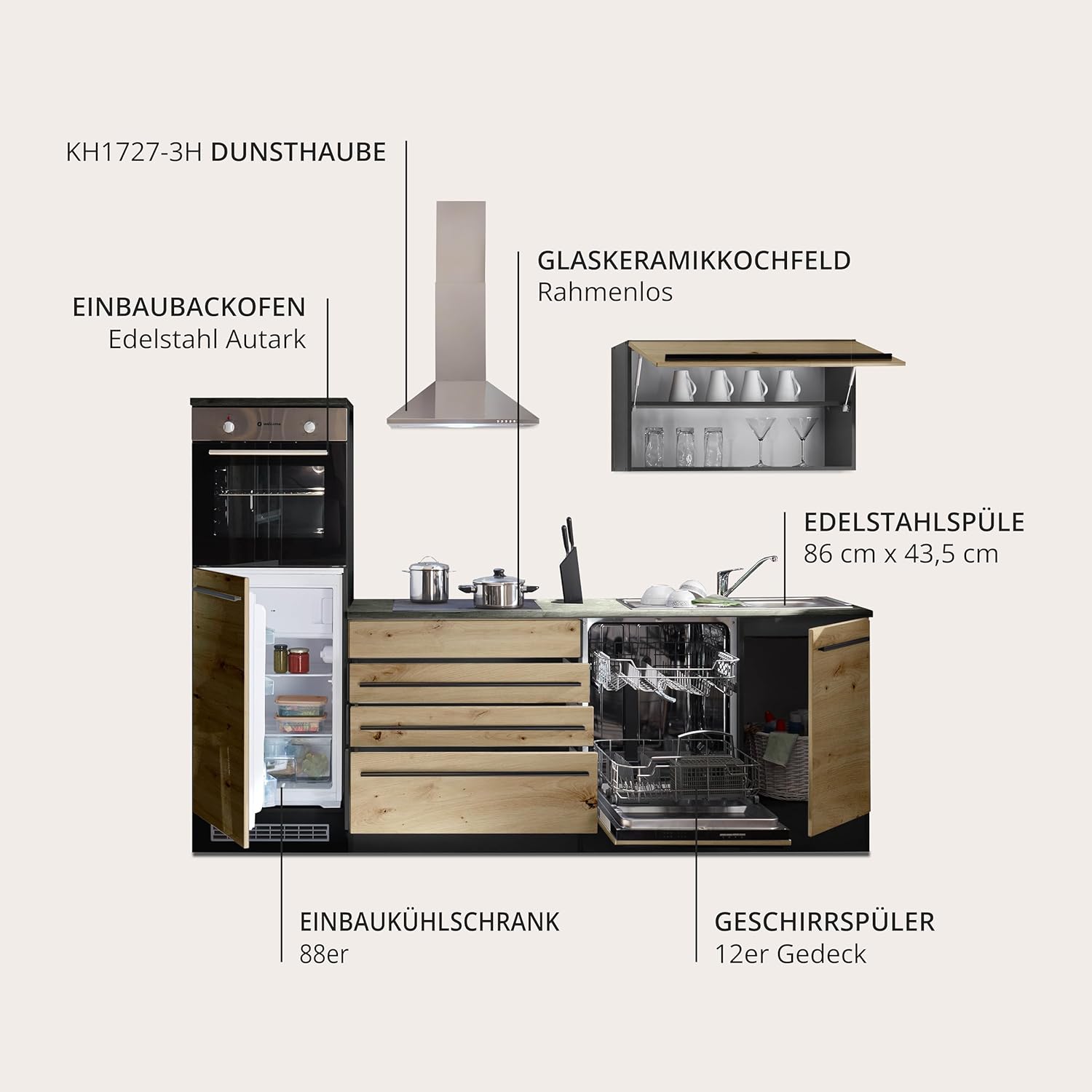 Jazz 6 Modern Kitchen Unit with Electrical Appliances in Anthracite, Artisan Oak Look, Spacious Fitted Kitchen with Lots of Storage Space, 260 x 200 x 60 cm (W x H x D)