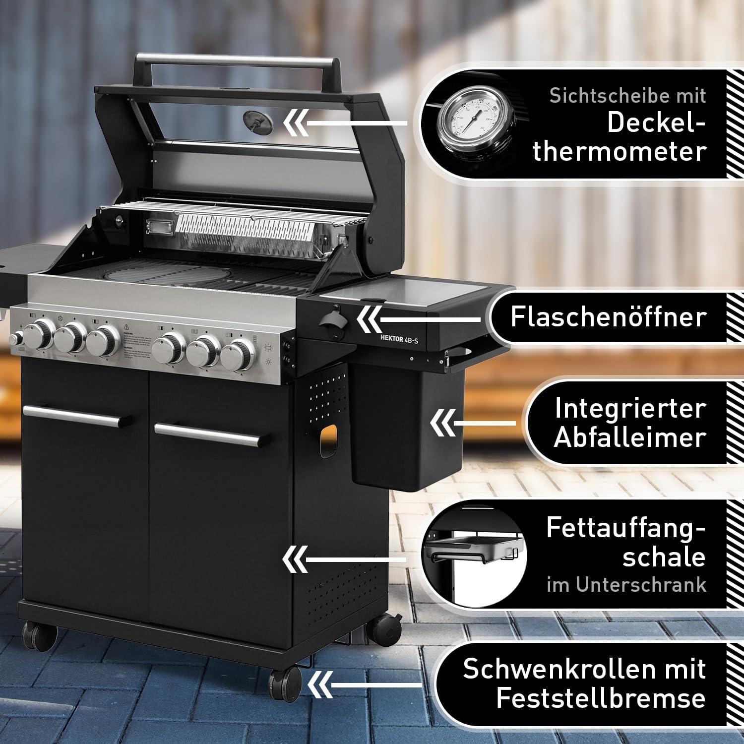 Feuergott Gasgrill Hektor 4B-S inkl. Drehspieß, Abdeckhaube - All Inclusive mit 4 Grill-Utensilien - 4 Brenner, Sear-Brenner, Gusseisenroste, Heckbrenner, Seitenkocher für Garten und Terrasse
