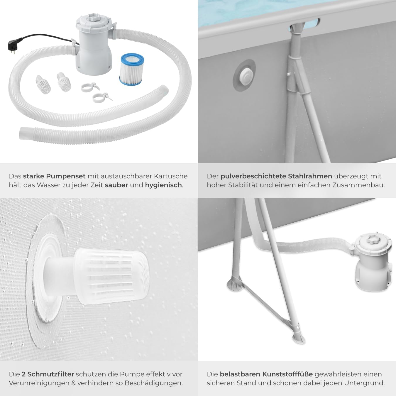 tectake® Swimming Pool, Large Swimming Pool, Rectangular, Frame Pool, Pool for Garden, Steel Frame Pool, Complete Set, Outdoor Garden Pool, Above Ground Pool, 300 x 207 x 70 cm, Grey