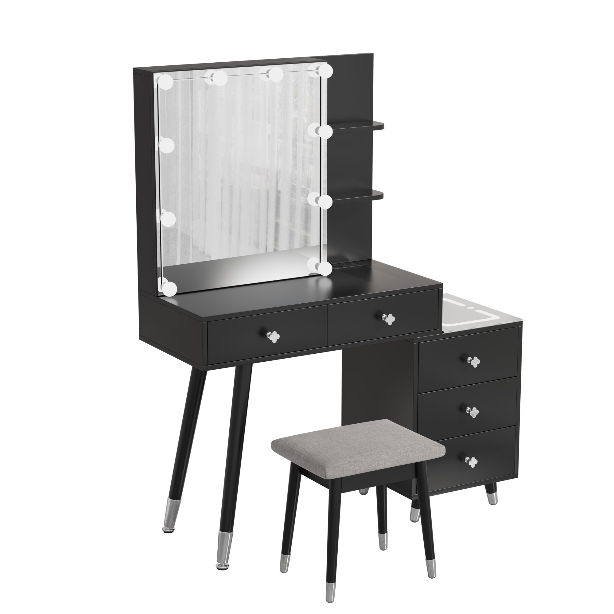 Gzxs Black Vanity Table Set with Gray Cushioned Stool, Wooden Dressing Desk with 5 Drawers,Storage Shelves,Charging Station,Three-Tone Lighting Panel, Mirrored Cabinet with 10 LED Lamps