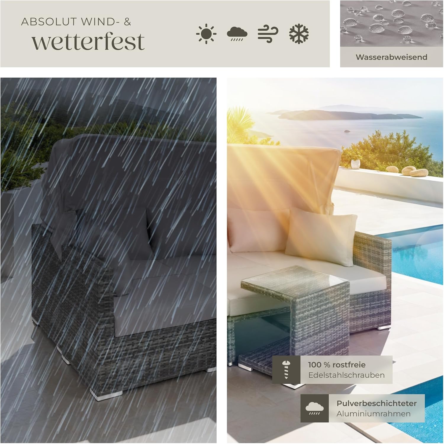 TecTake 800771 Aluminium Poly Rattan Lounge Set, 16-Piece, Weatherproof Garden Sofa with Sun Canopy, Outdoor Furniture Set Including Cushions and Side Table, Various Colours