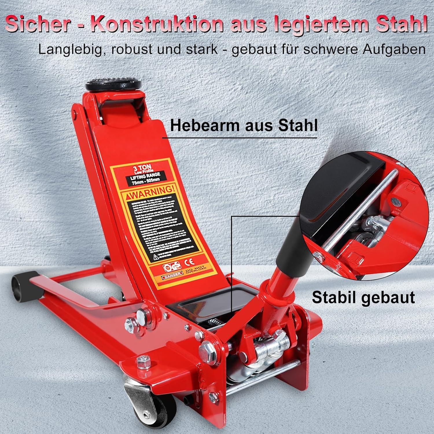 HYCHIKA Steel Racing Trolley Jack, Ultra Low Profile Jack with Dual Piston Quick-Acting Pump, 3 Ton (6,600 lb) Capacity, Lifting Range 3-18.3 inches