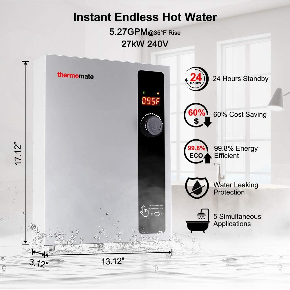 Tankless Water Heater Electric 27kW 208~240 Volt, ThermoMate On Demand Instant Endless Hot Water Heater, Self-Modulating Saving Energy for Residential Whole House Shower, 114A GRAY