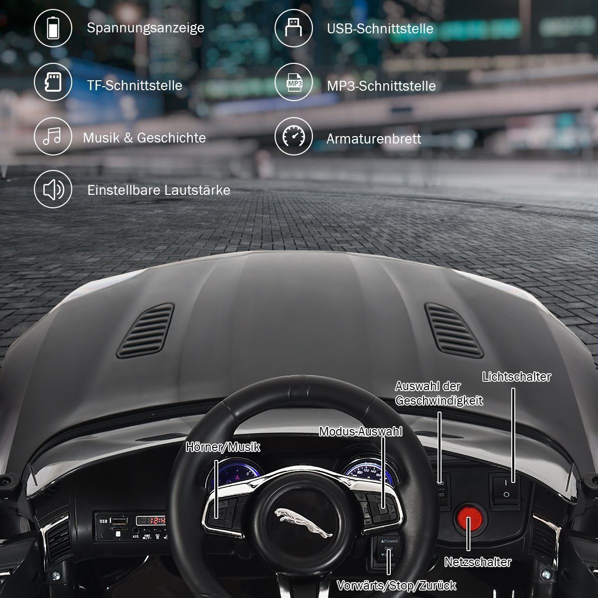 COSTWAY Elektro-Kinderauto Jaguar, mit Geschichten & Musik