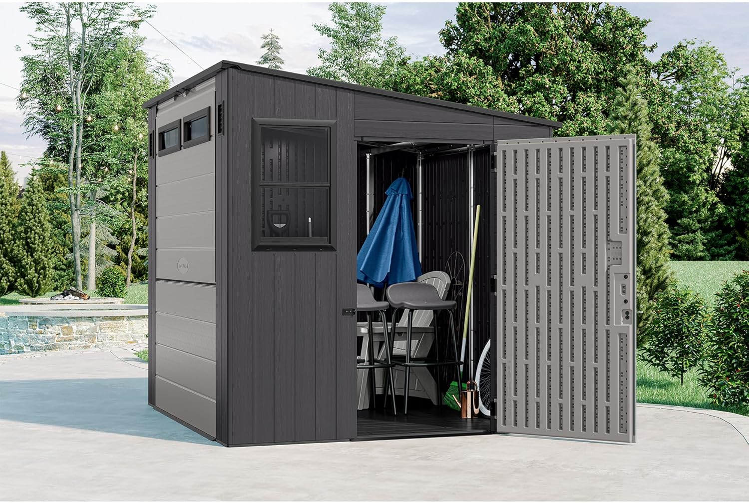 Suncast 8' x 7' Cabana Entertainment Storage Shed, All-Weather Outdoor Backyard Shelter with 2 Windows and Fold-Down Bar Top, Gray