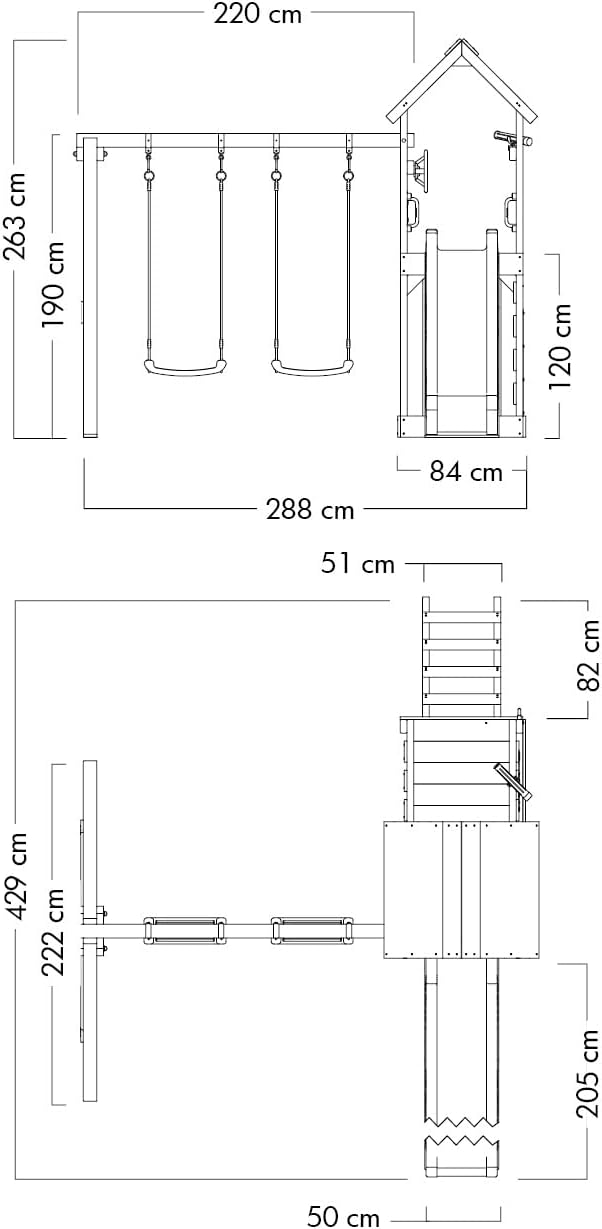 WICKEY MultiFlyer Play Tower Climbing Frame Wooden Roof with Swing and Green Slide, Climbing Tower with Wooden Roof, Sandpit, Ladder and Play Accessories