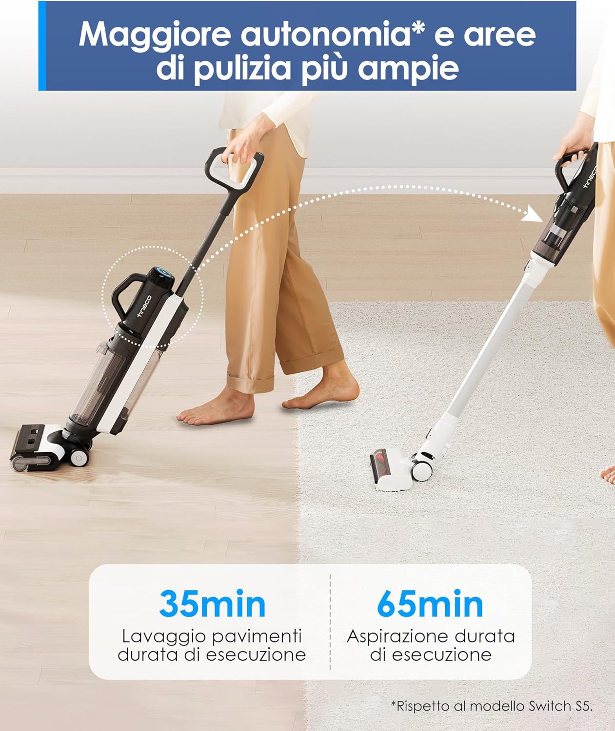 Tineco FLOOR ONE SWITCH S6, aspirapolvere secco/umido, lavapavimenti intelligente 5-in-1, autopulente, asciugatura 5 minuti, spazzola antigroviglio, pulizia bordi su entrambi i lati