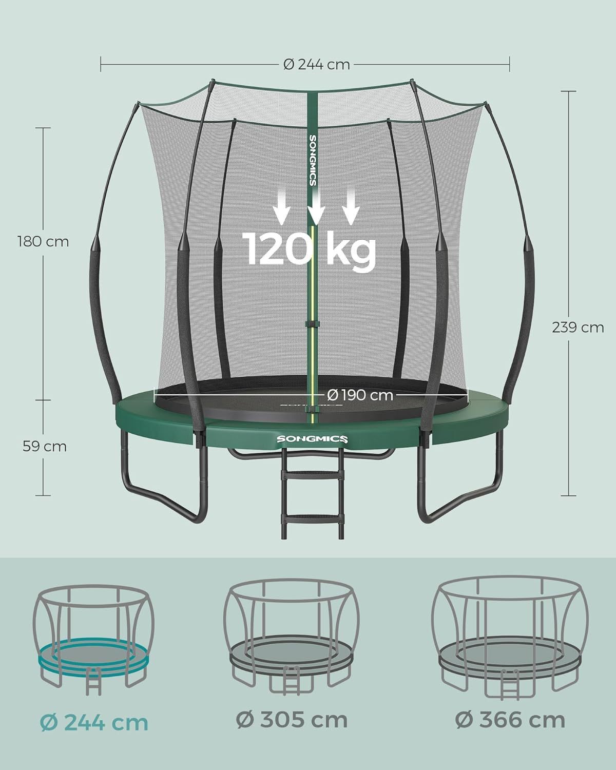 SONGMICS Springless Trampoline Ø 244 cm, Outdoor Trampoline for Children, Elastic Ropes, Zippered Safety Net, Fiberglass Poles, Safe, Quiet