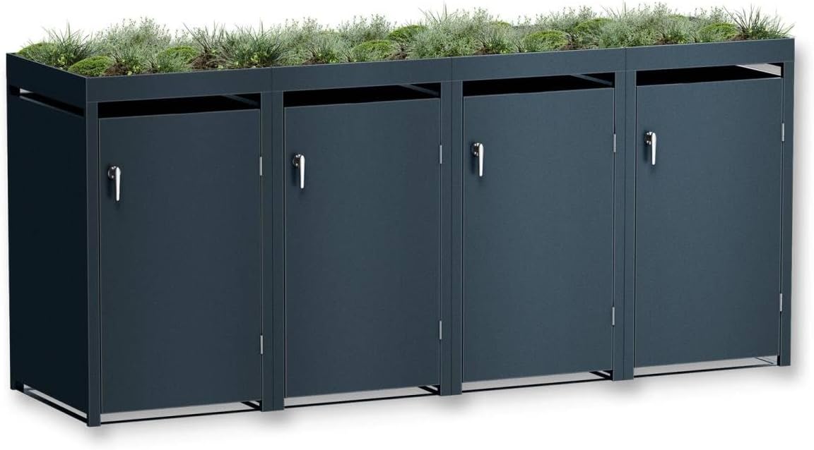 Metzler Wheelie Bin Box 4 Bins 240 L with Plant Roof, Roof Greenery in Anthracite with Plant Roof, Weatherproof, Pack of 4, Waste Container, Bin House, Lockable, Garden Box, Rubbish Box