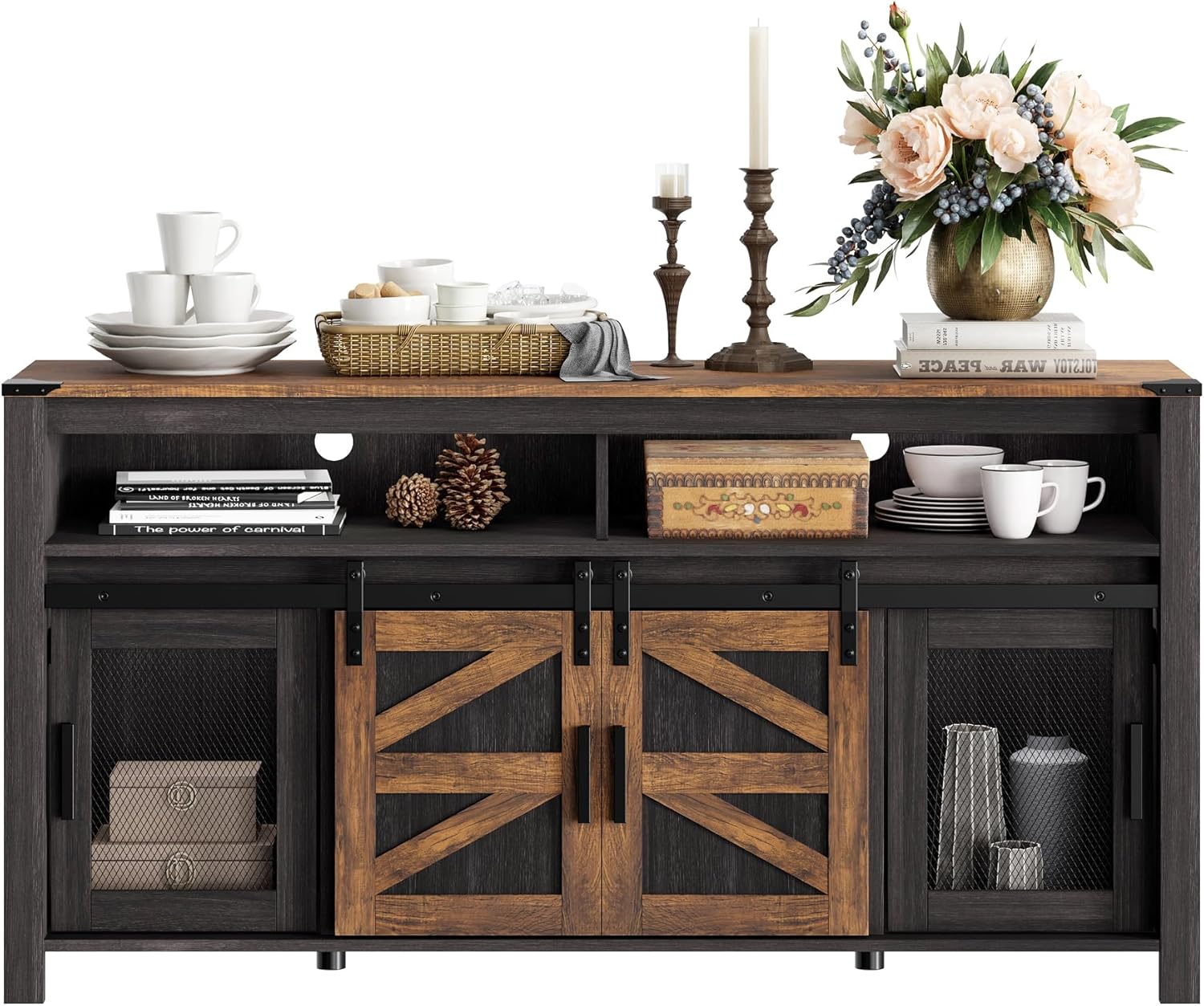 WAMPAT Farmhouse Buffet Cabinet,Rustic Sideboard with Sliding Barn Doors