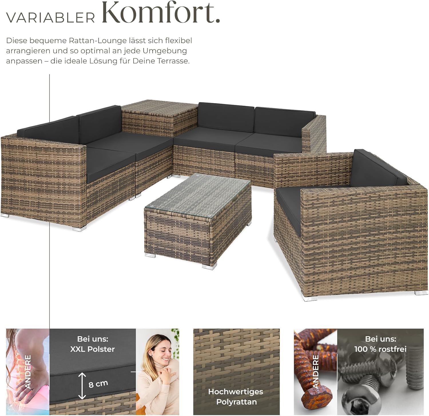TecTake Polyrattan Seating Group with Storage Box for Upholstery, Table with Glass Top, Freely Groupable Garden Furniture Set, Rattan Lounge for the Garden – Balcony Furniture, Balcony Furniture, Small Balcony