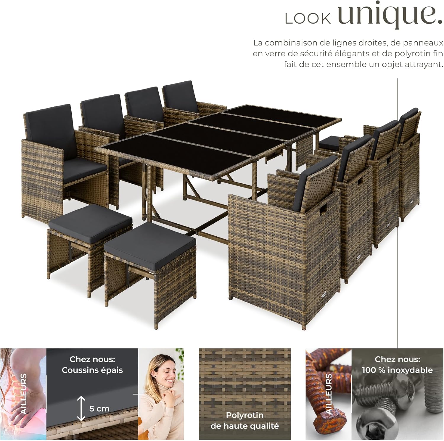 TecTake Rattan Garden Furniture Set - Outdoor Dining Set with 8 Comfortable Chairs, 4 Stools, and 1 Table - Balcony and Patio Furniture - Black/Grey