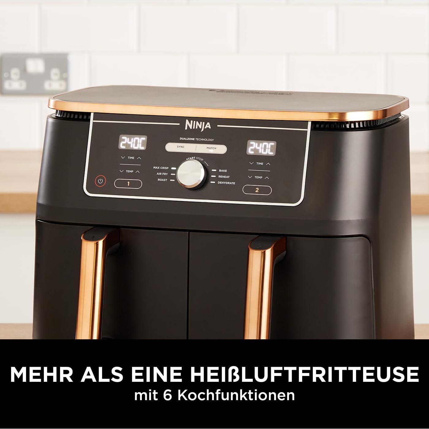Ninja Foodi MAX Dual Zone Heißluftfritteuse, 9,5L Airfryer, 2 Fächer, mit Zange, Antihaftbeschichtung, spülmaschinenfeste Körbe, 6-in-1, Amazon Exklusiv, Kupfer/Schwarz, AF400EUCP