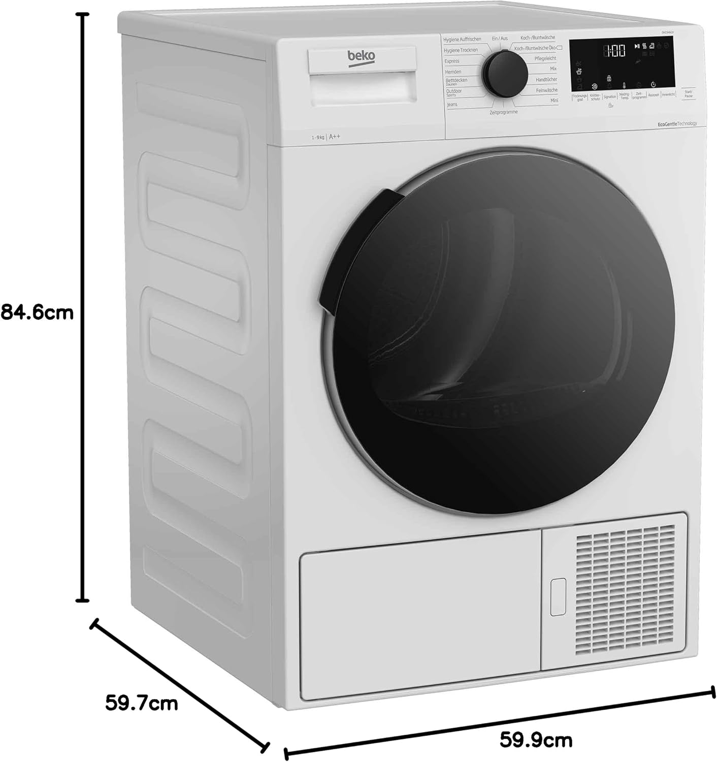 Beko DHC946GX Tumble Dryer with Heat Pump Technology, Stainless Steel Drum, 9 kg, A++, Hygienic Drying & Hygiene Refresh, White [Energy Class A++]